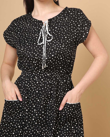 Polka-Dot Print A-Line Dress with Patch Pockets