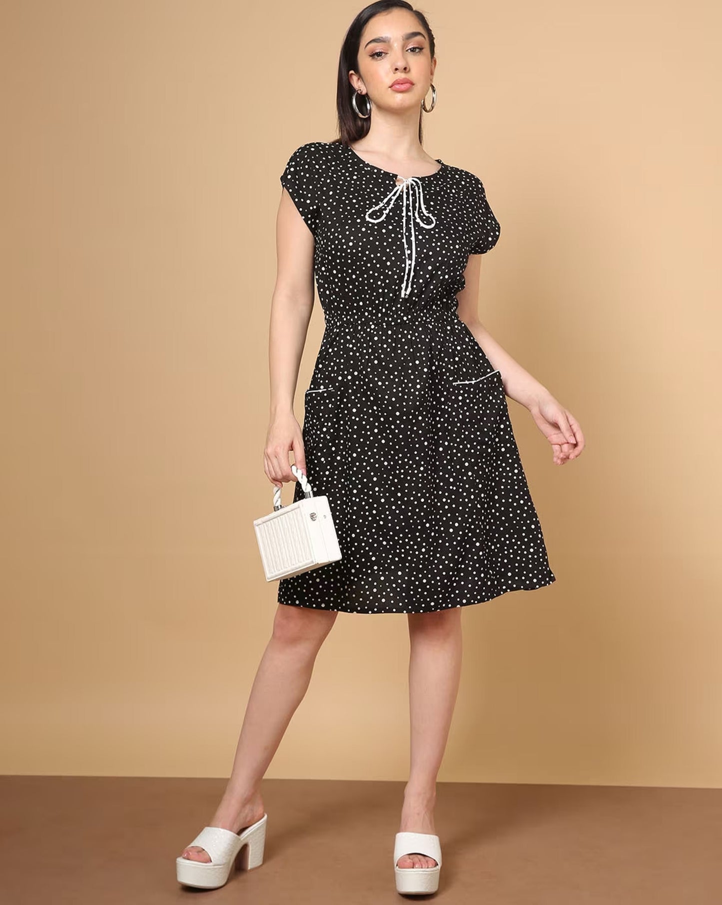 Polka-Dot Print A-Line Dress with Patch Pockets