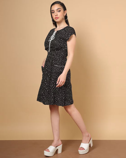 Polka-Dot Print A-Line Dress with Patch Pockets