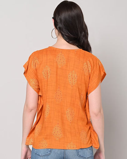 Sakura Printed V-Neck Top - Orange