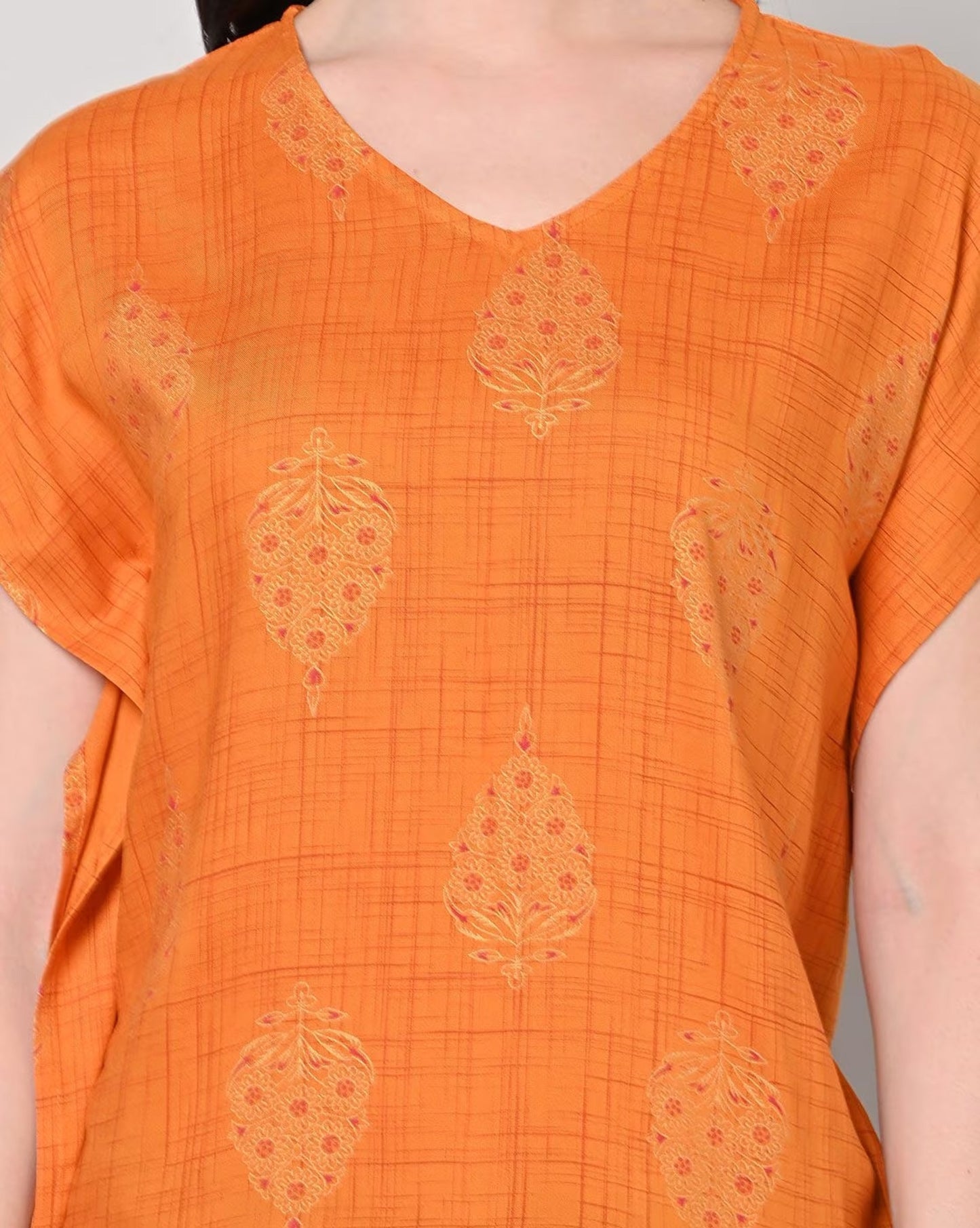 Sakura Printed V-Neck Top - Orange