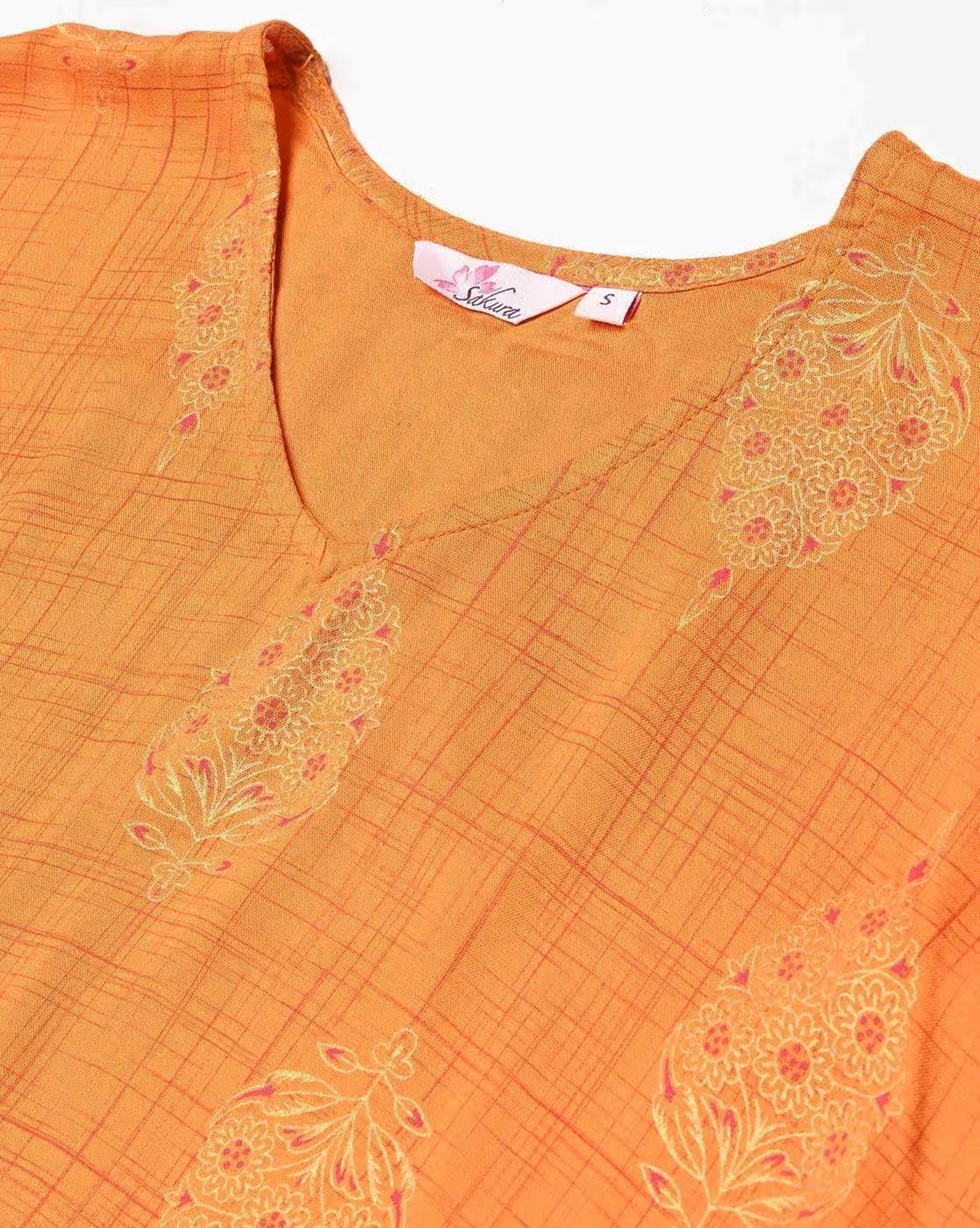 Sakura Printed V-Neck Top - Orange