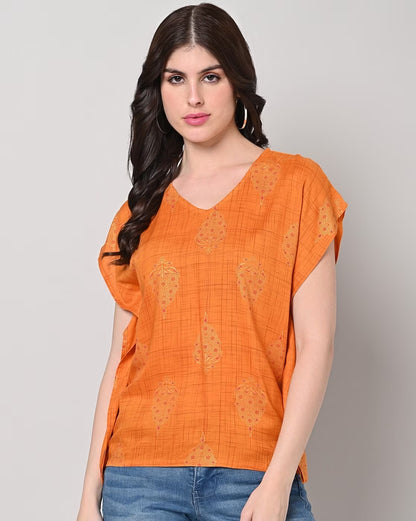 Sakura Printed V-Neck Top - Orange