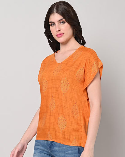 Sakura Printed V-Neck Top - Orange