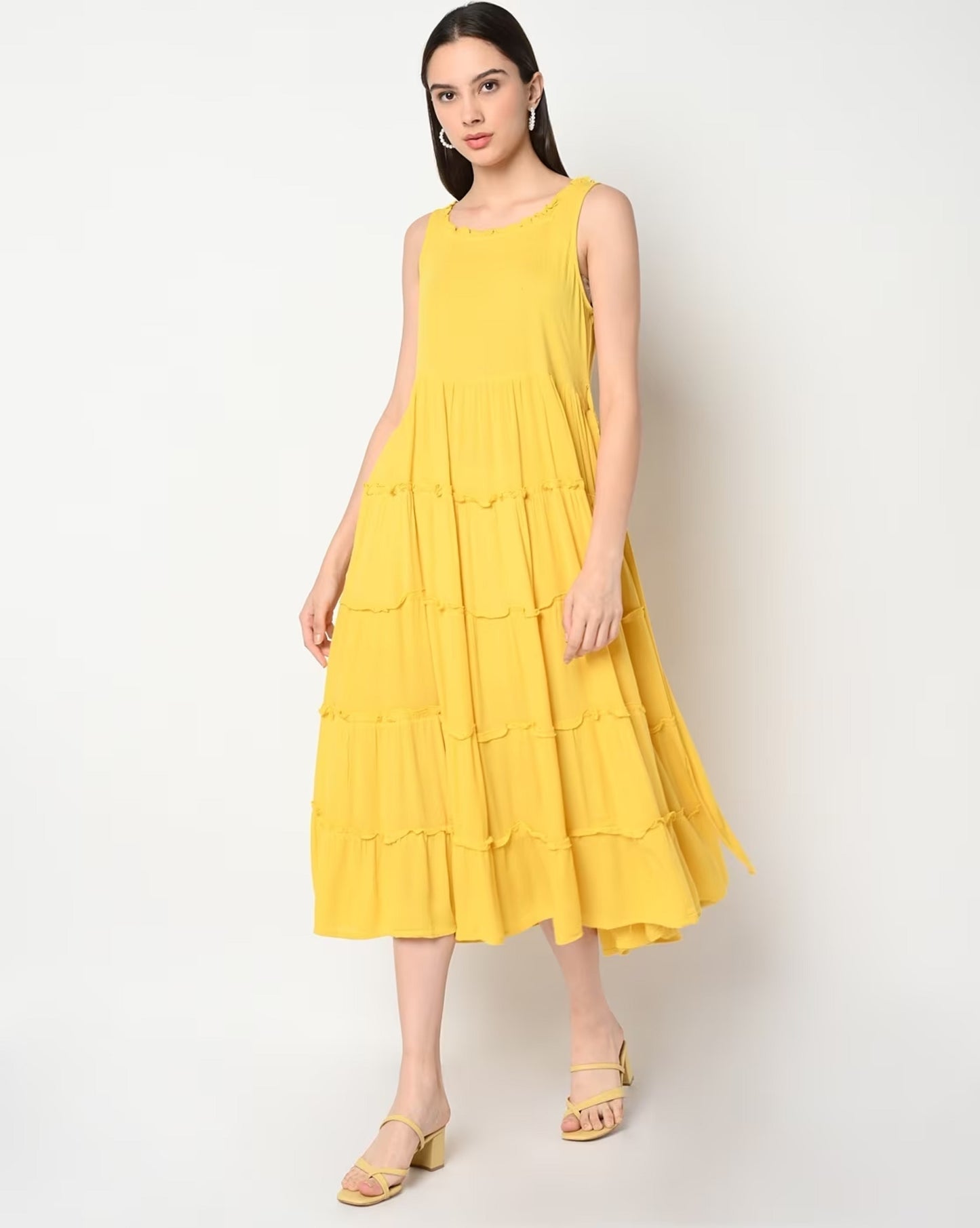 Crinkled Round-Neck Tiered Dress