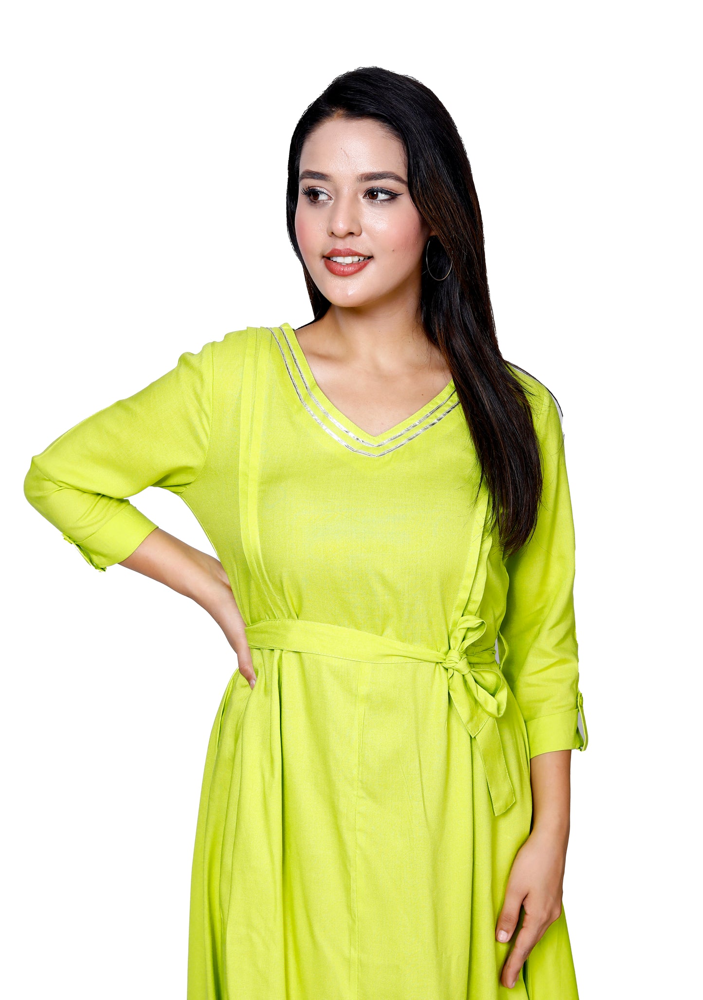 Elegant Lime Flared Midi Dress by Sakura