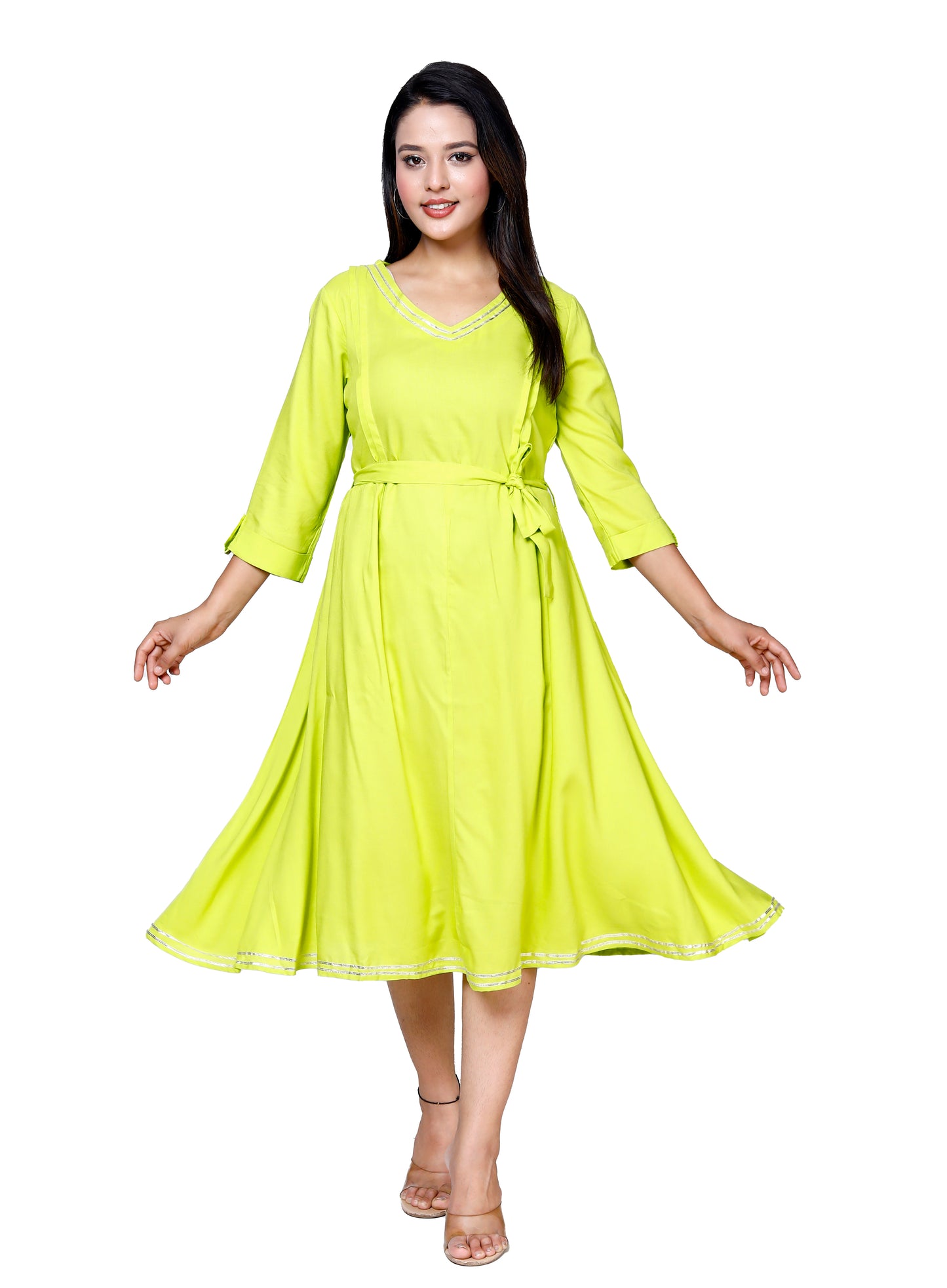 Elegant Lime Flared Midi Dress by Sakura