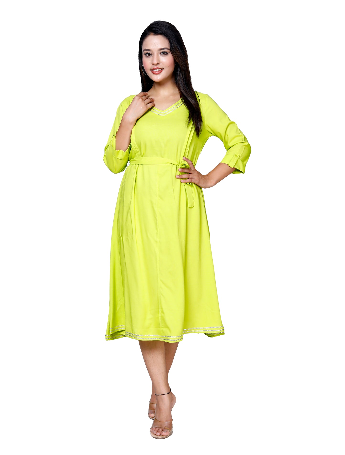 Elegant Lime Flared Midi Dress by Sakura