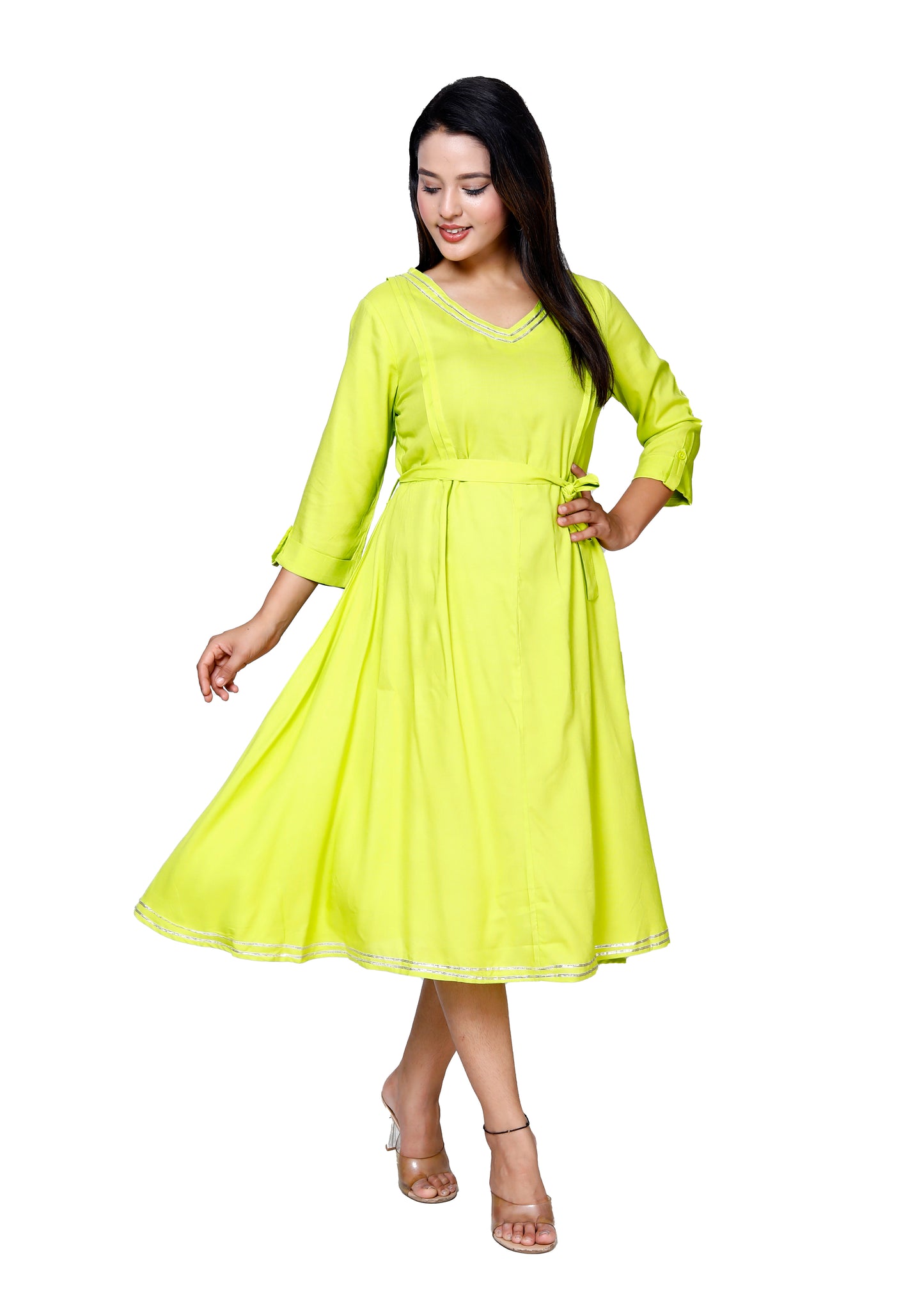 Elegant Lime Flared Midi Dress by Sakura