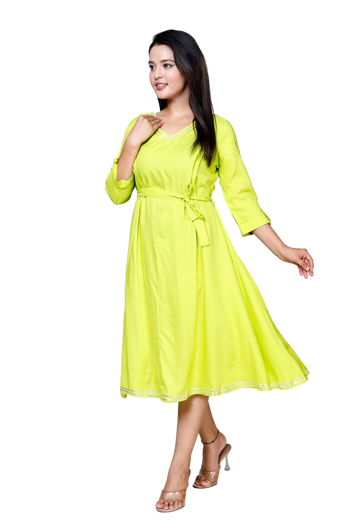 Elegant Lime Flared Midi Dress by Sakura