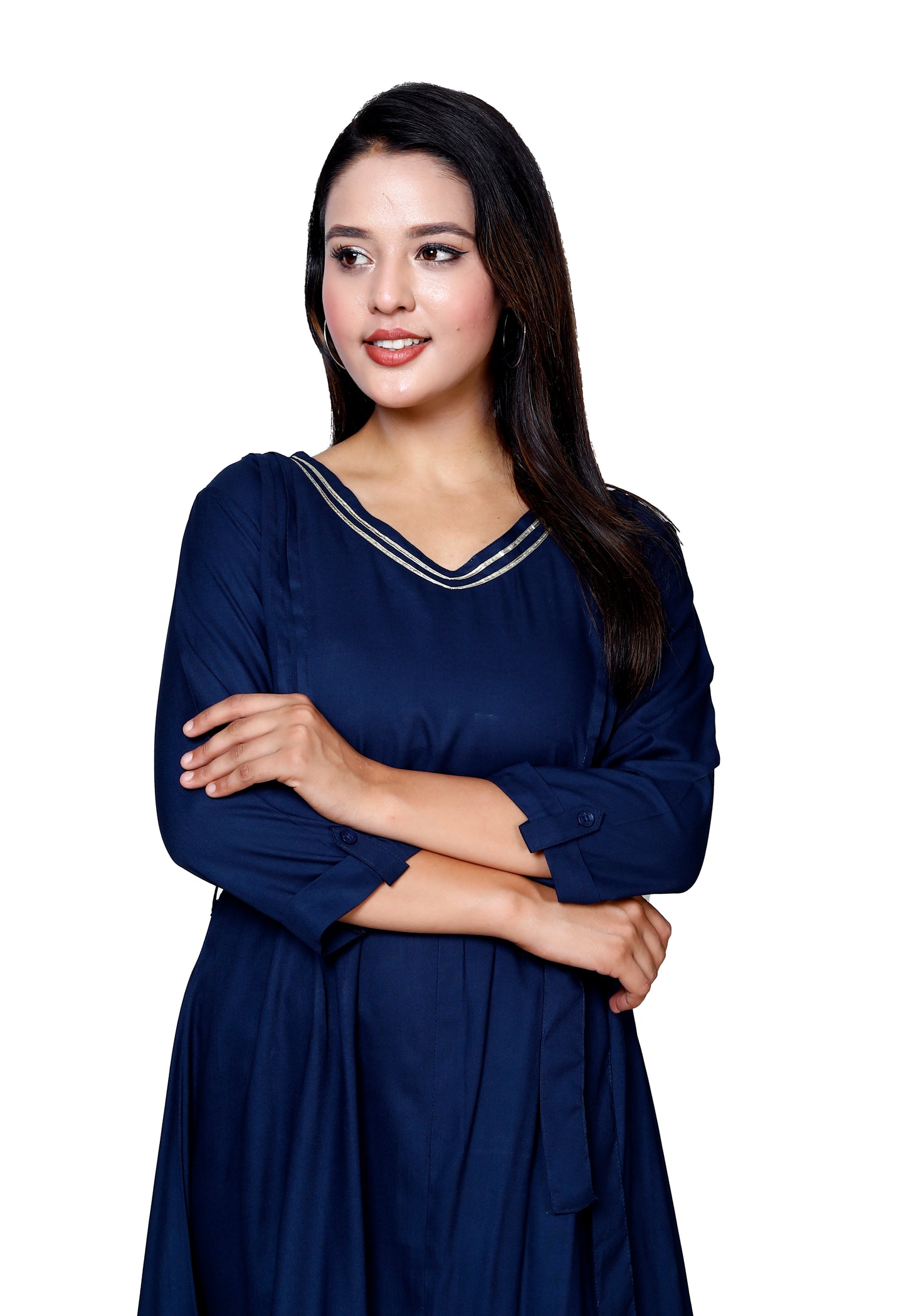 Elegant Navy Flared Midi Dress by Sakura