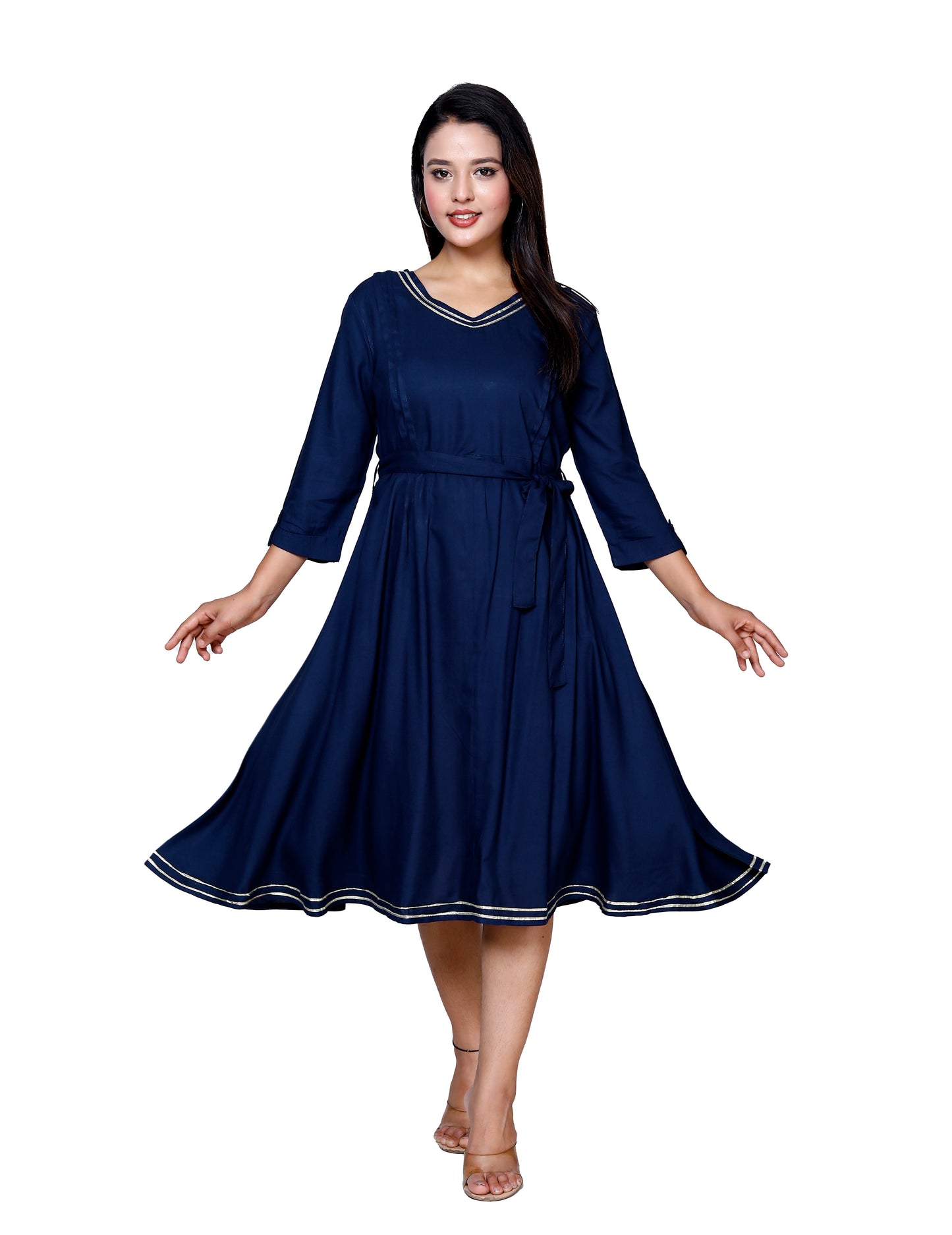 Elegant Navy Flared Midi Dress by Sakura