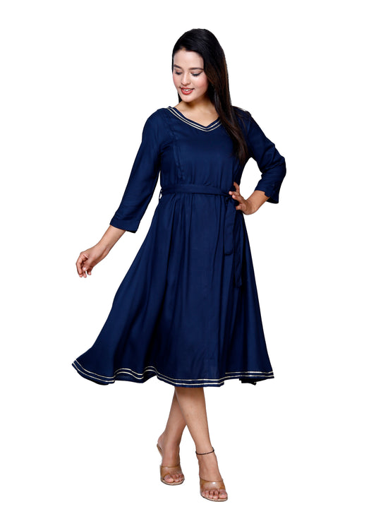 Elegant Navy Flared Midi Dress by Sakura