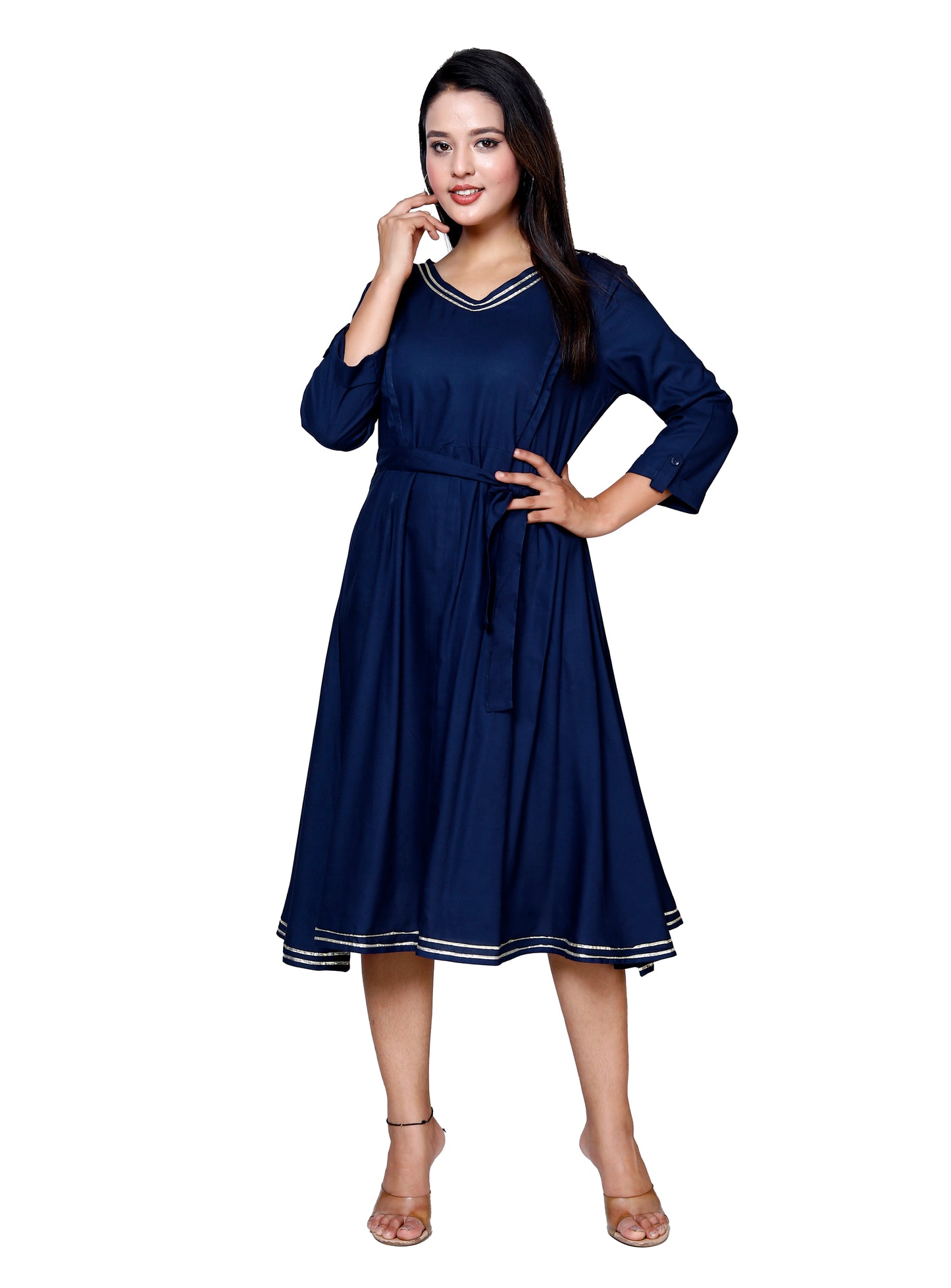 Elegant Navy Flared Midi Dress by Sakura