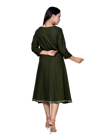 Elegant Dark Olive Flared Midi Dress by Sakura