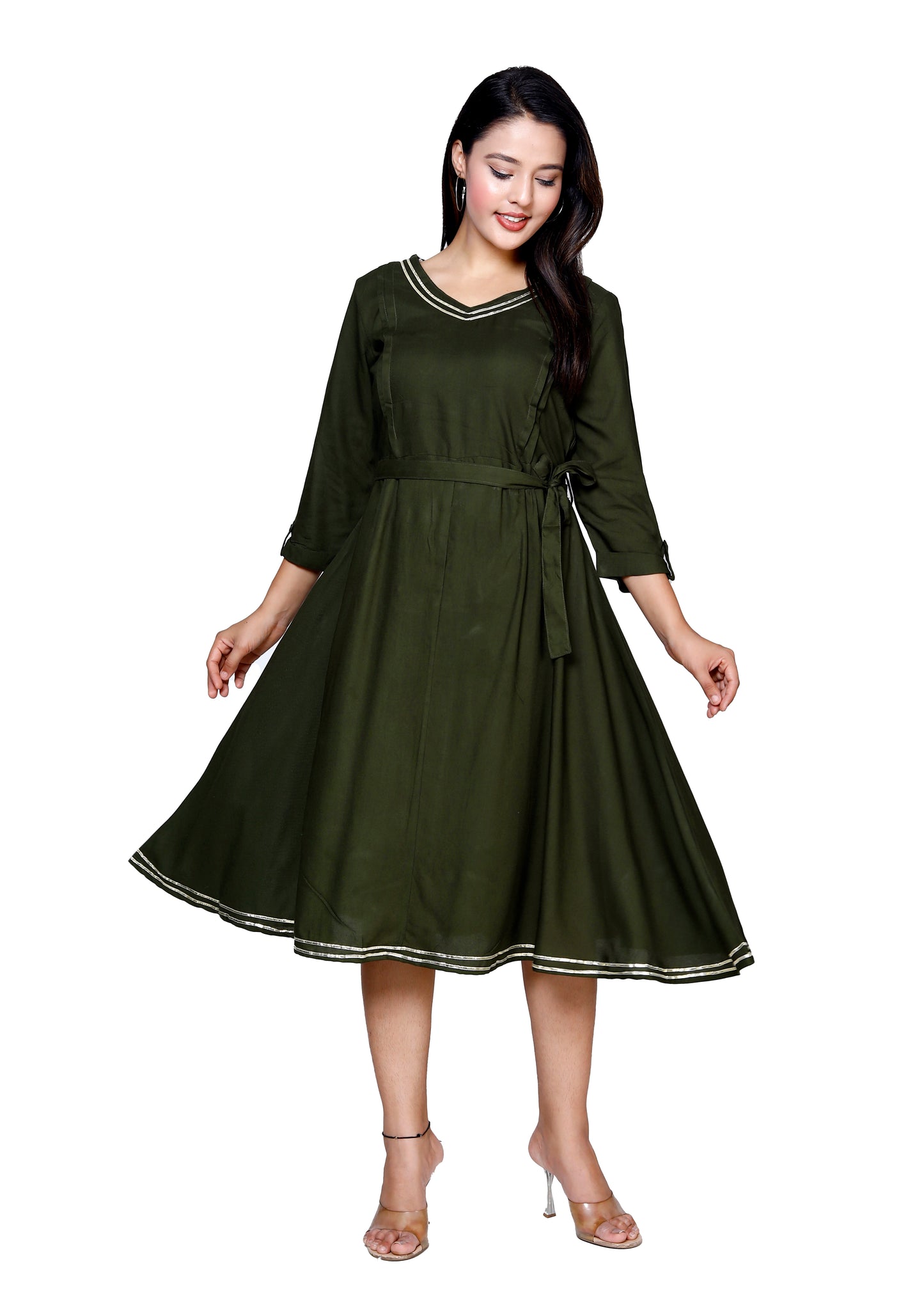 Elegant Dark Olive Flared Midi Dress by Sakura