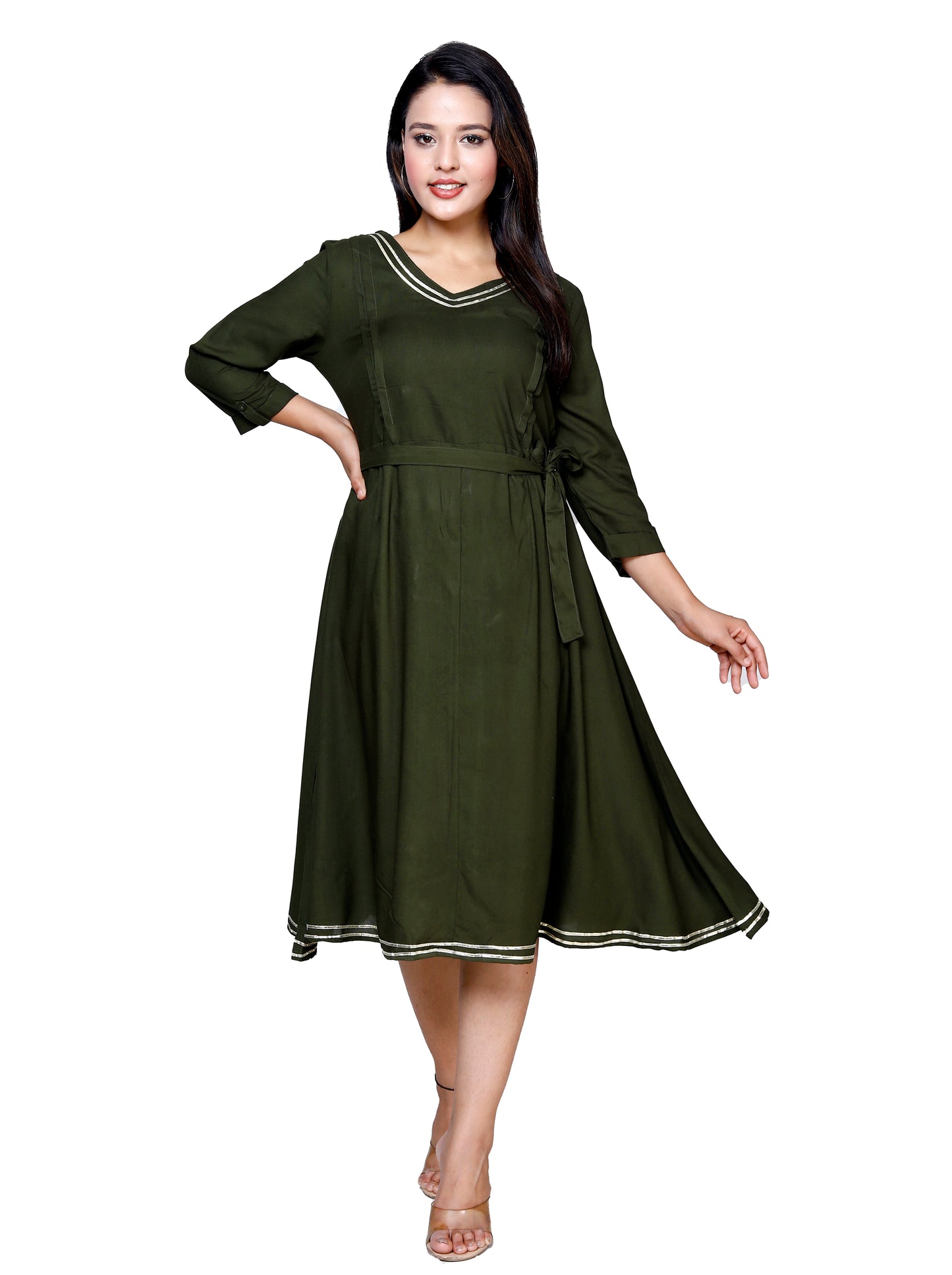 Elegant Dark Olive Flared Midi Dress by Sakura