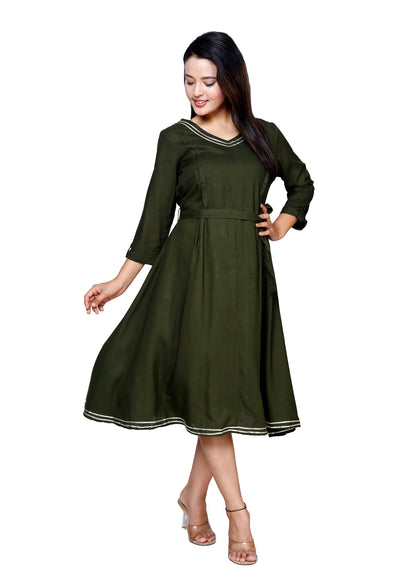 Elegant Dark Olive Flared Midi Dress by Sakura