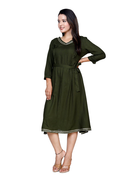 Elegant Dark Olive Flared Midi Dress by Sakura