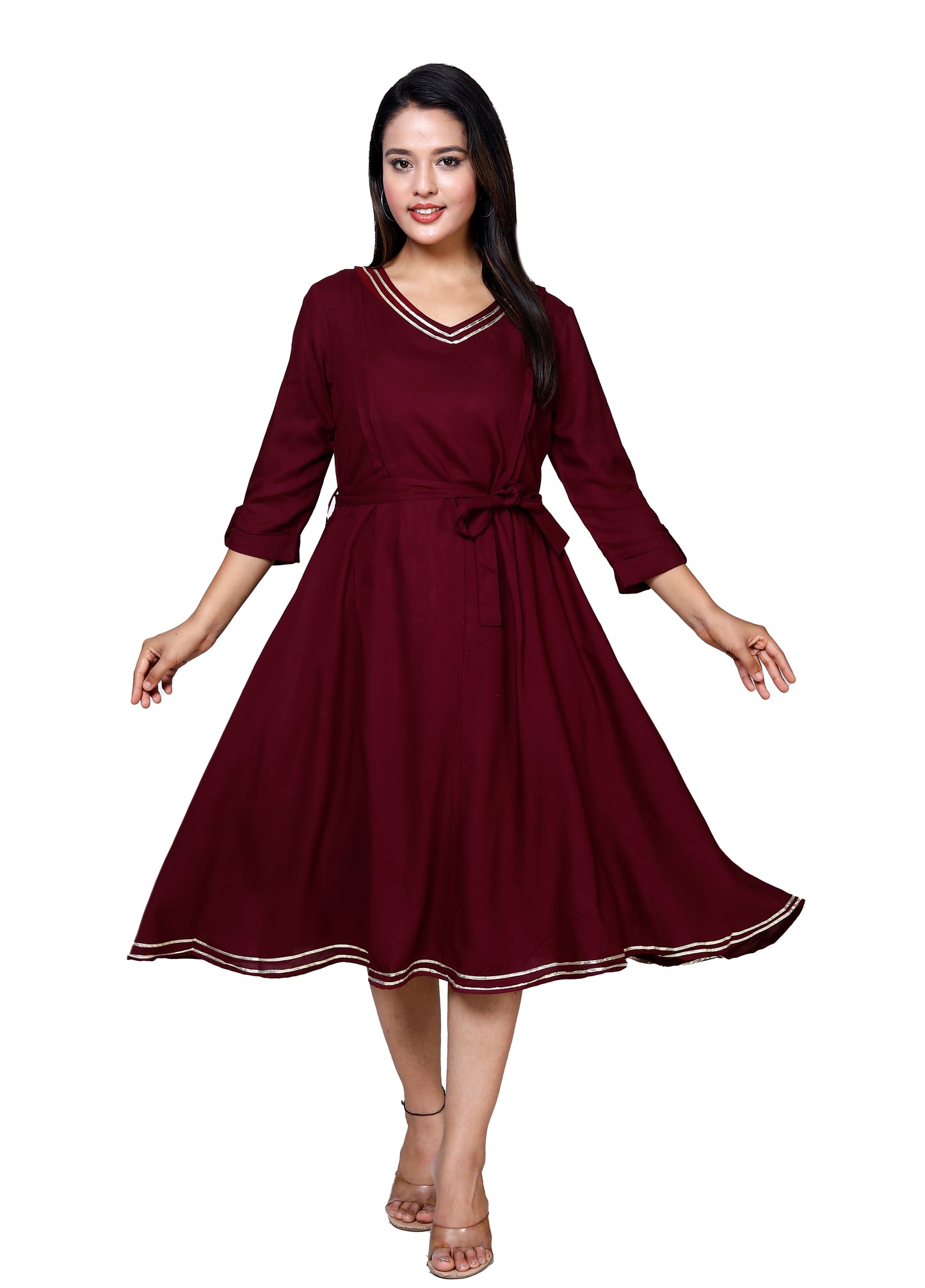 Elegant Maroon Flared Midi Dress by Sakura