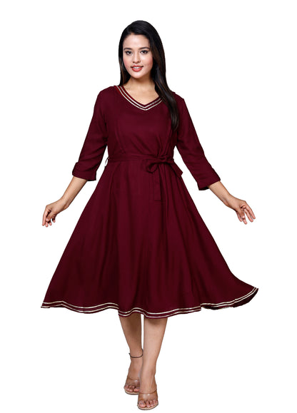 Elegant Maroon Flared Midi Dress by Sakura