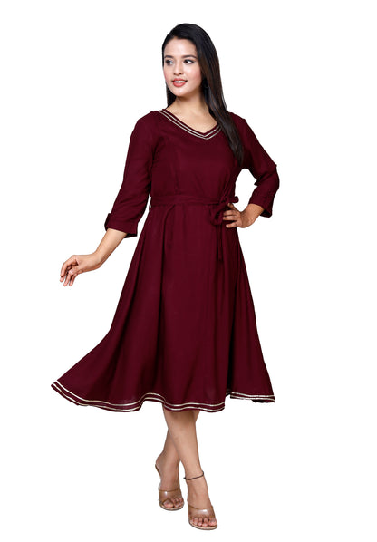 Elegant Maroon Flared Midi Dress by Sakura