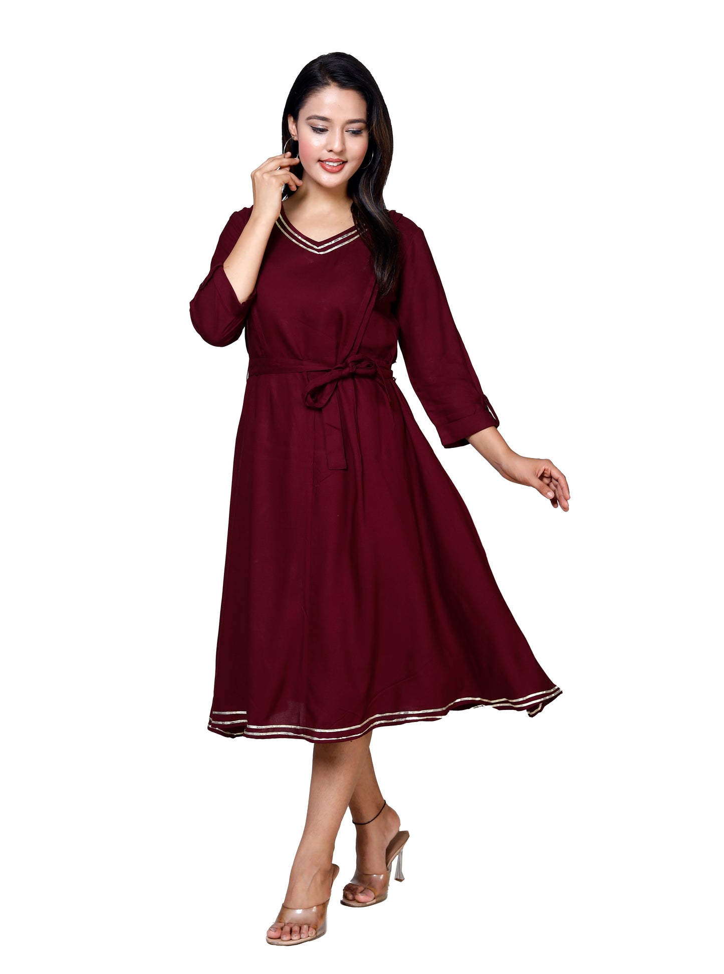 Elegant Maroon Flared Midi Dress by Sakura