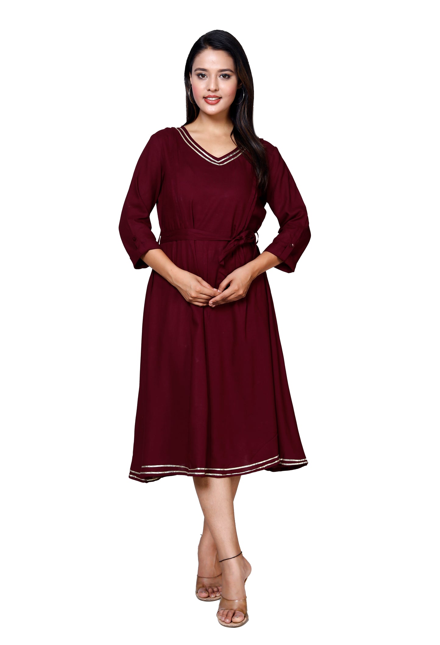 Elegant Maroon Flared Midi Dress by Sakura