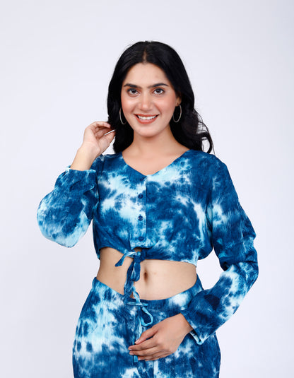 Sakura Blue Tie-Dye Button-Down Co-ords Two-Piece Set