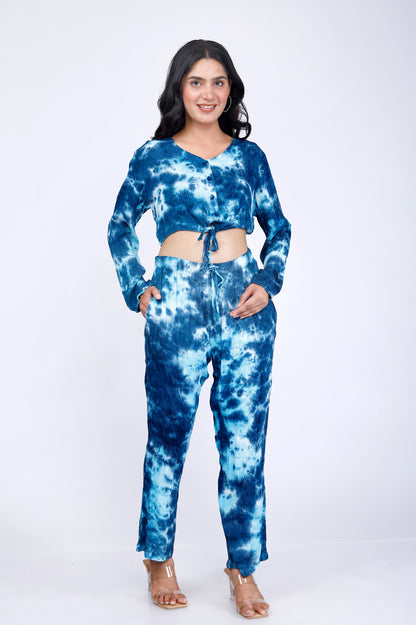Sakura Blue Tie-Dye Button-Down Co-ords Two-Piece Set