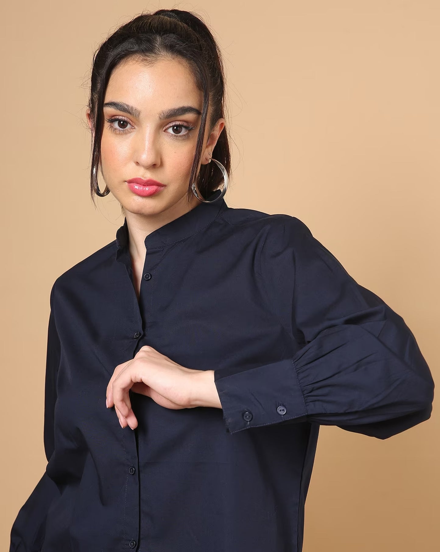 Cotton Shirt with Mandarin Collar