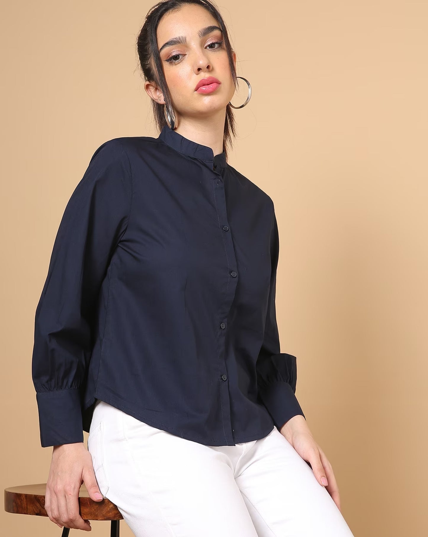 Cotton Shirt with Mandarin Collar