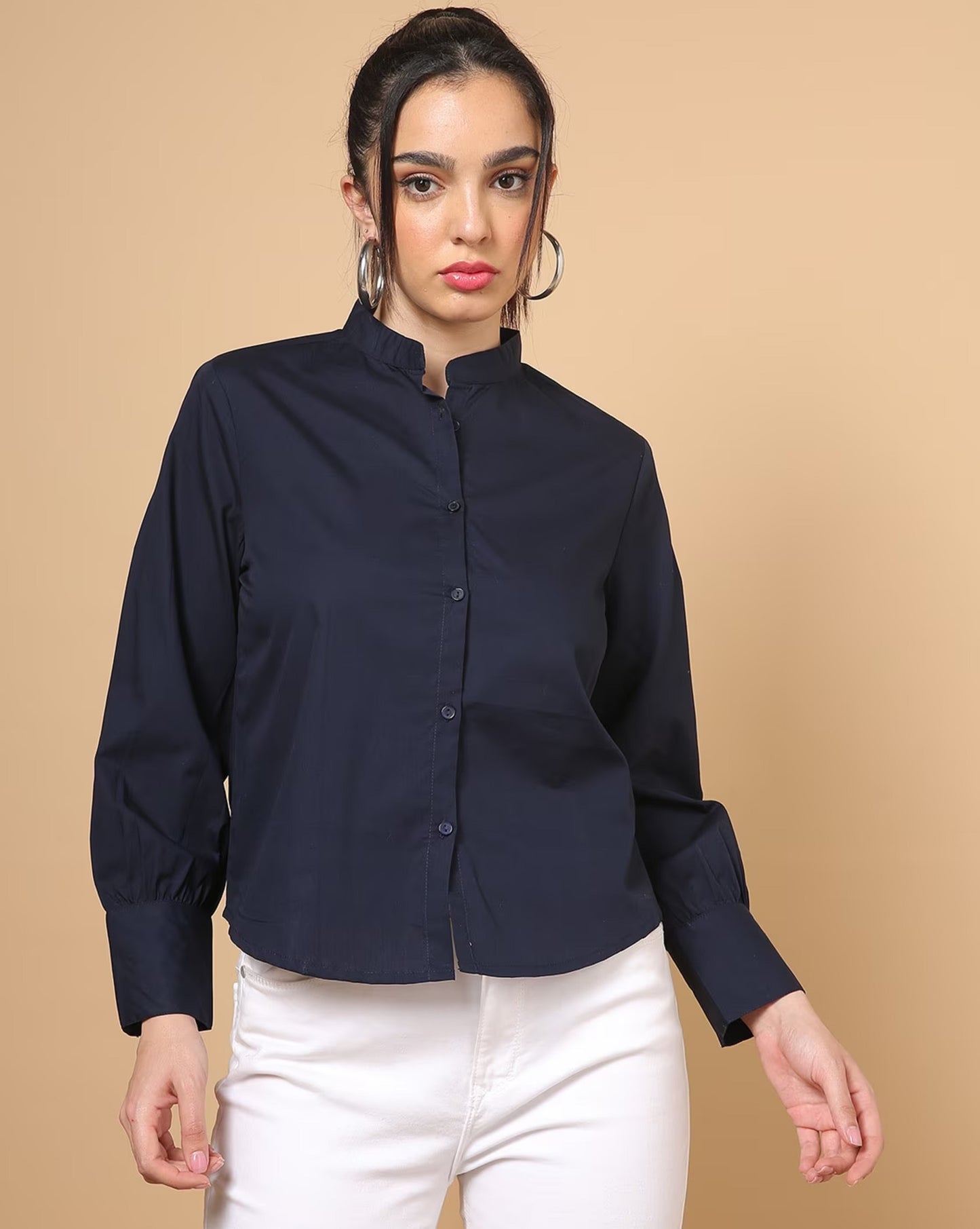 Cotton Shirt with Mandarin Collar