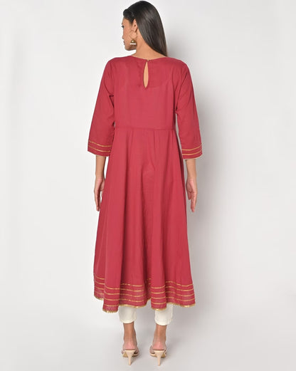 Solid Maroon Cotton Flared Kurta