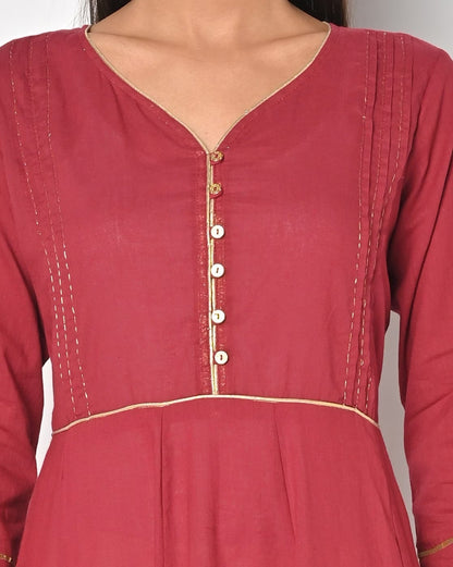 Solid Maroon Cotton Flared Kurta