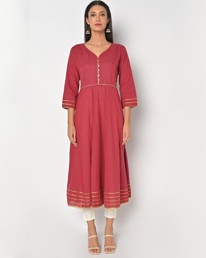 Solid Maroon Cotton Flared Kurta