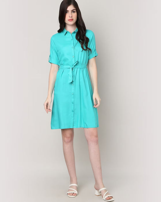 Women Shirt Dress with Waist Tie-Up