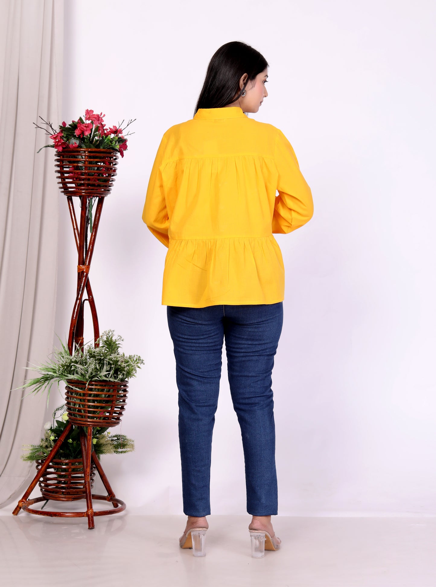 Yellow Button-Up Peplum Top in 100% Cambric Cotton – Trendy & Comfortable Everyday Wear