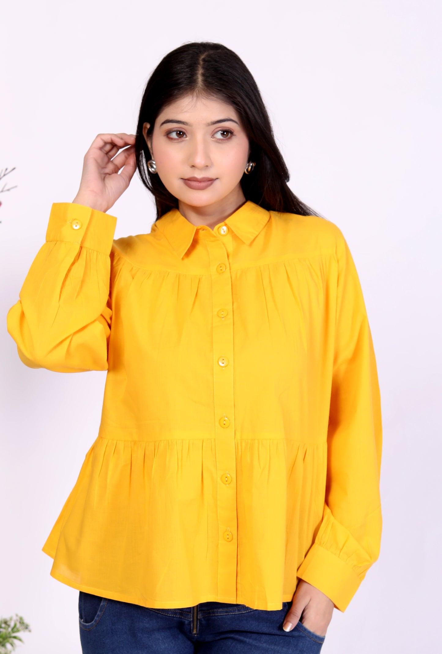 Yellow Button-Up Peplum Top in 100% Cambric Cotton – Trendy & Comfortable Everyday Wear