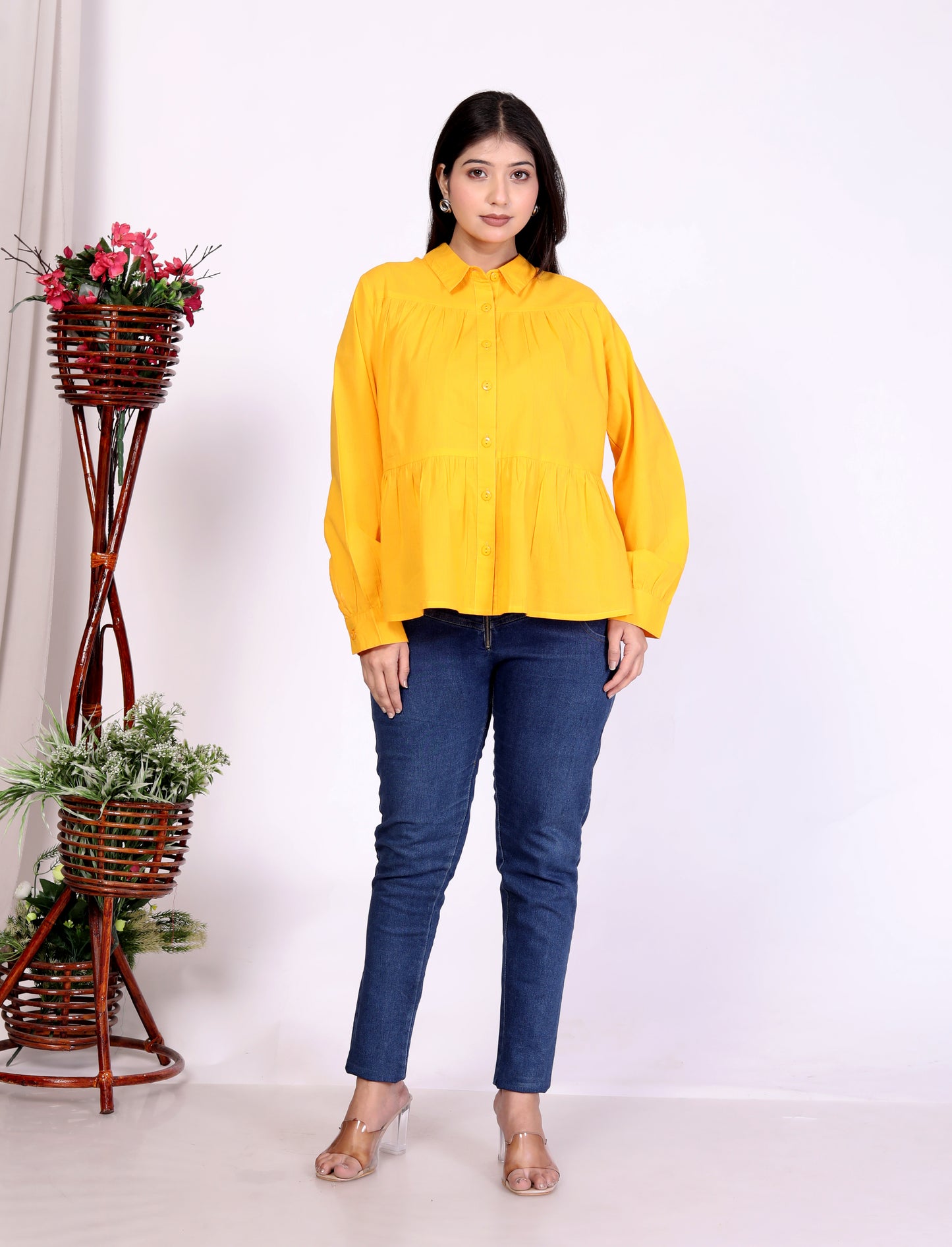 Yellow Button-Up Peplum Top in 100% Cambric Cotton – Trendy & Comfortable Everyday Wear