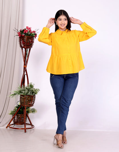 Yellow Button-Up Peplum Top in 100% Cambric Cotton – Trendy & Comfortable Everyday Wear