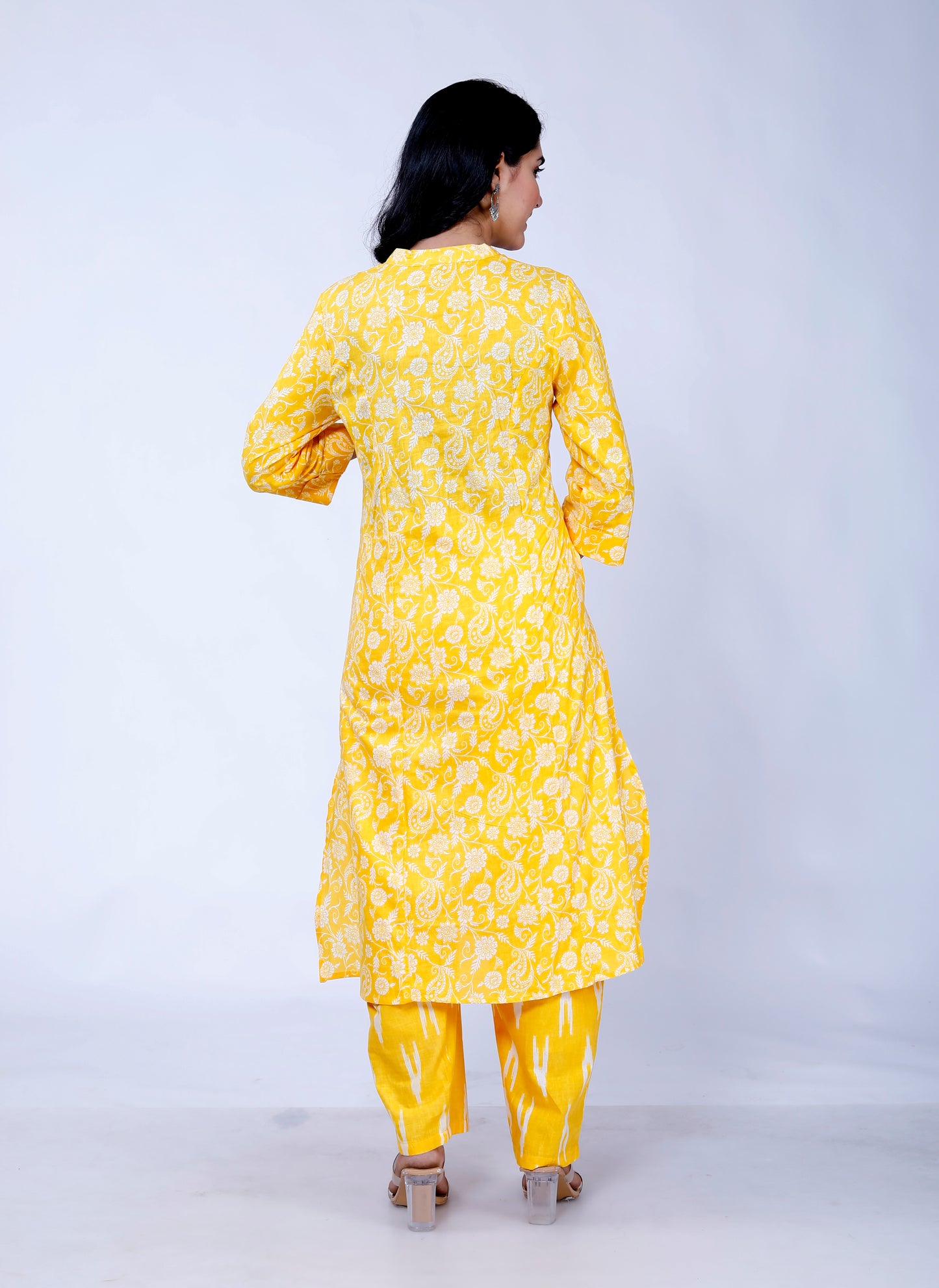 Sakura Yellow Floral Print Princess-Cut Cotton Kurta with Palazzo Set for Women – 100% Cambric Cotton, Pockets, Comfortable Fit