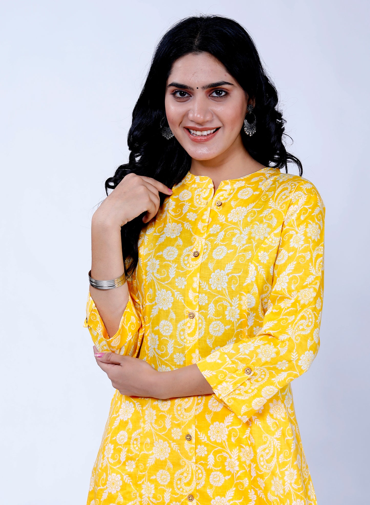 Sakura Yellow Floral Print Princess-Cut Cotton Kurta with Palazzo Set for Women – 100% Cambric Cotton, Pockets, Comfortable Fit