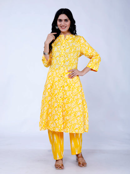 Sakura Yellow Floral Print Princess-Cut Cotton Kurta with Palazzo Set for Women – 100% Cambric Cotton, Pockets, Comfortable Fit