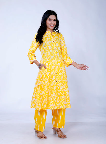 Sakura Yellow Floral Print Princess-Cut Cotton Kurta with Palazzo Set for Women – 100% Cambric Cotton, Pockets, Comfortable Fit