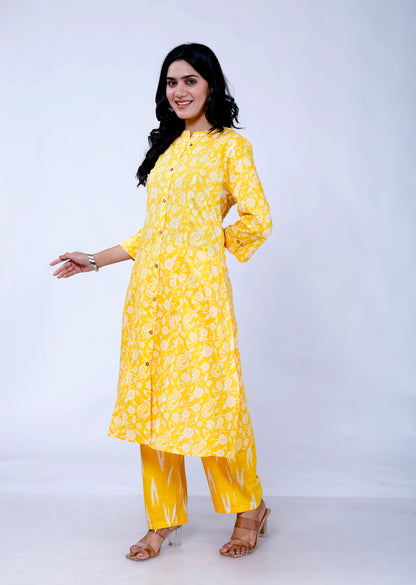 Sakura Yellow Floral Print Princess-Cut Cotton Kurta with Palazzo Set for Women – 100% Cambric Cotton, Pockets, Comfortable Fit