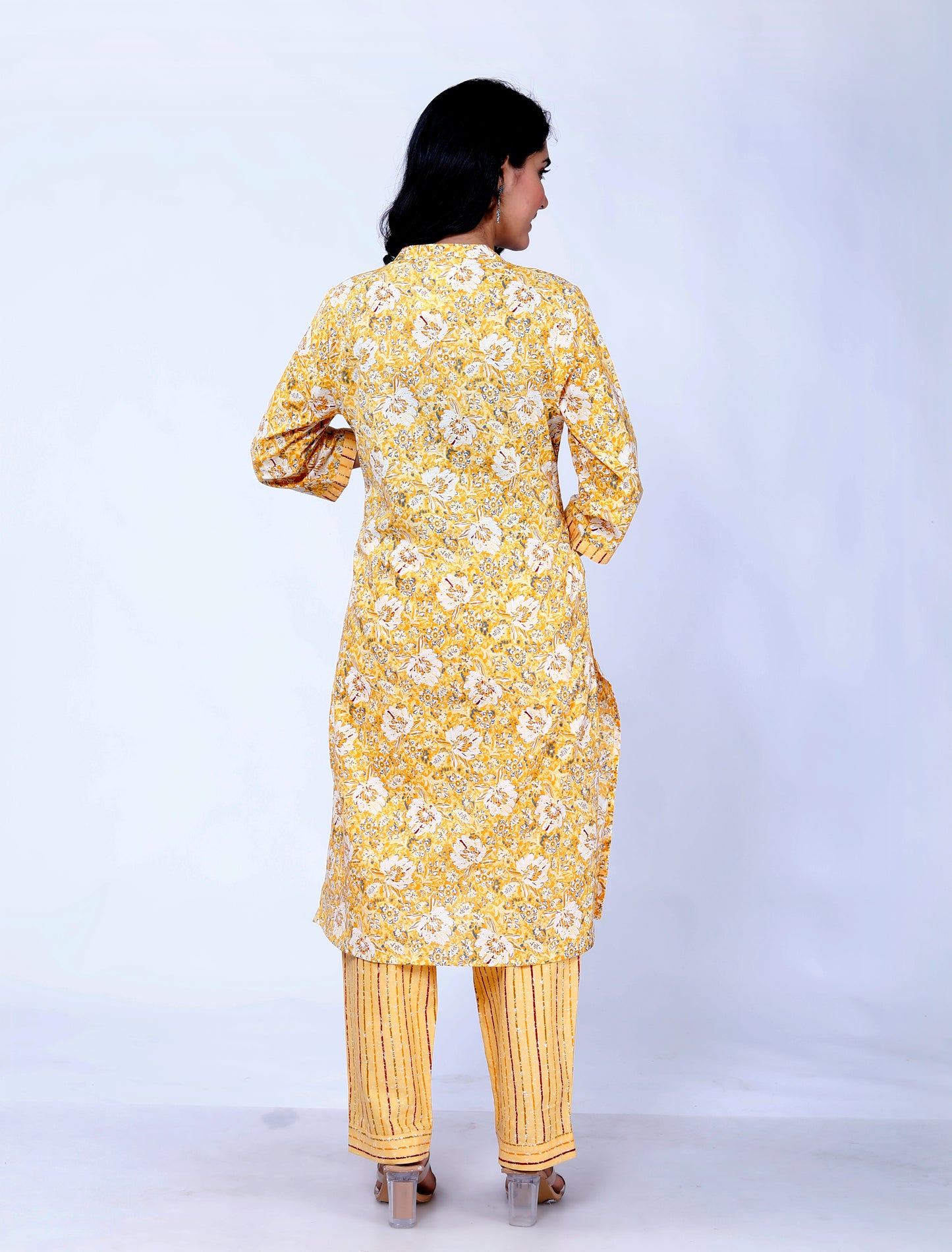 Sakura Yellow Floral Print Cotton Kurta with Palazzo Set for Women – 100% Cambric Cotton, Comfortable Fit, Pockets