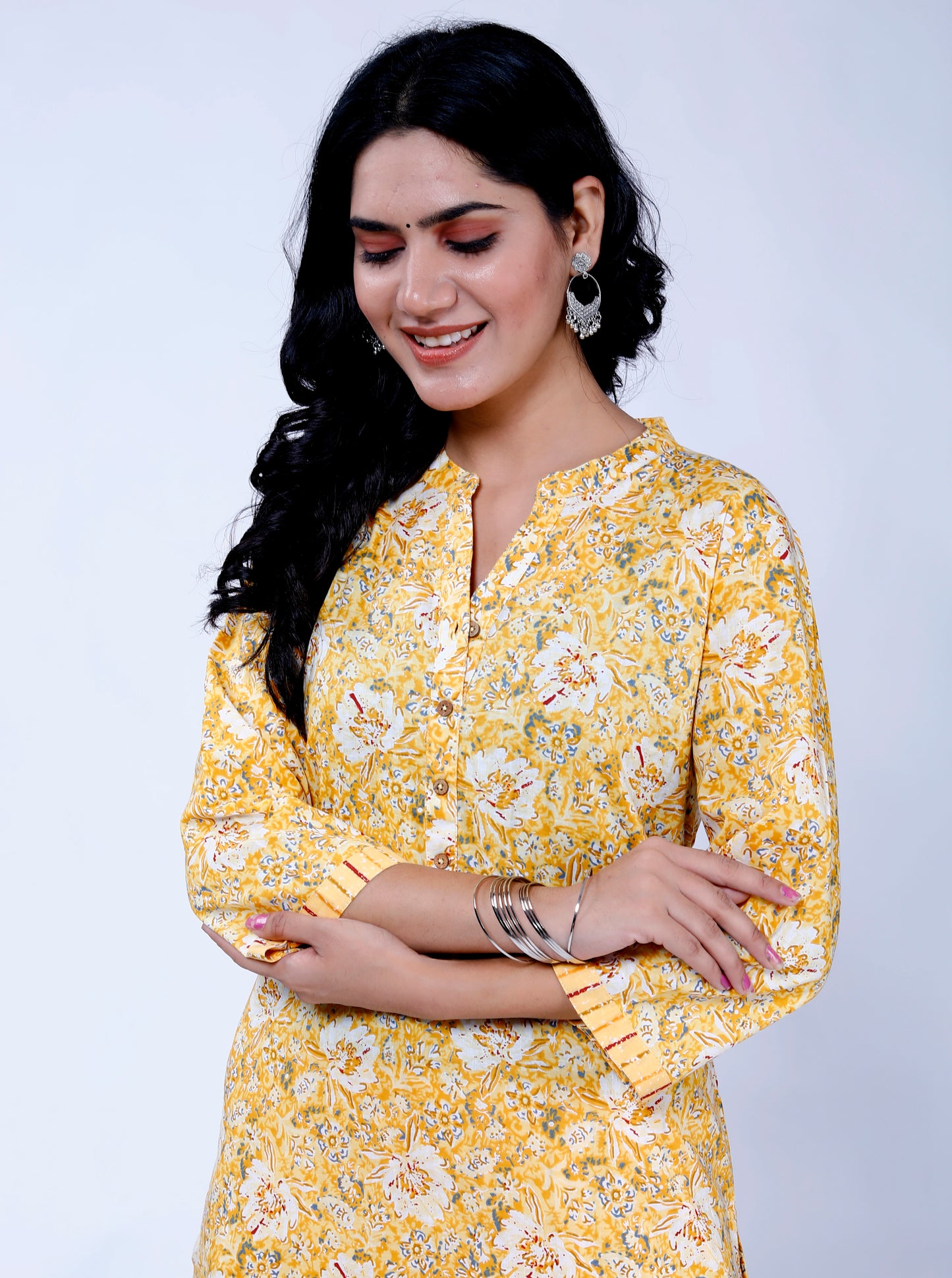 Sakura Yellow Floral Print Cotton Kurta with Palazzo Set for Women – 100% Cambric Cotton, Comfortable Fit, Pockets