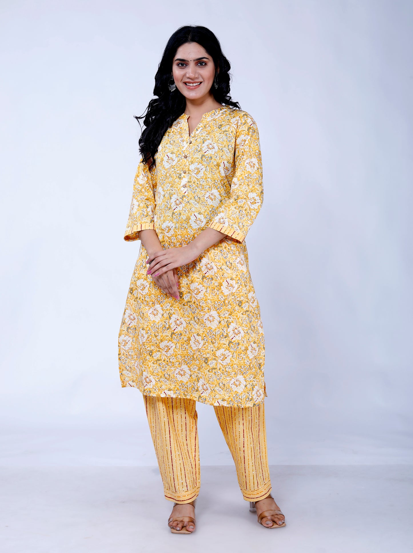 Sakura Yellow Floral Print Cotton Kurta with Palazzo Set for Women – 100% Cambric Cotton, Comfortable Fit, Pockets