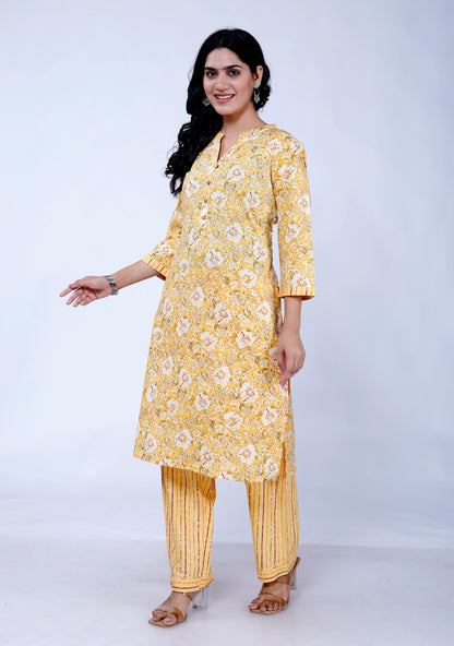 Sakura Yellow Floral Print Cotton Kurta with Palazzo Set for Women – 100% Cambric Cotton, Comfortable Fit, Pockets